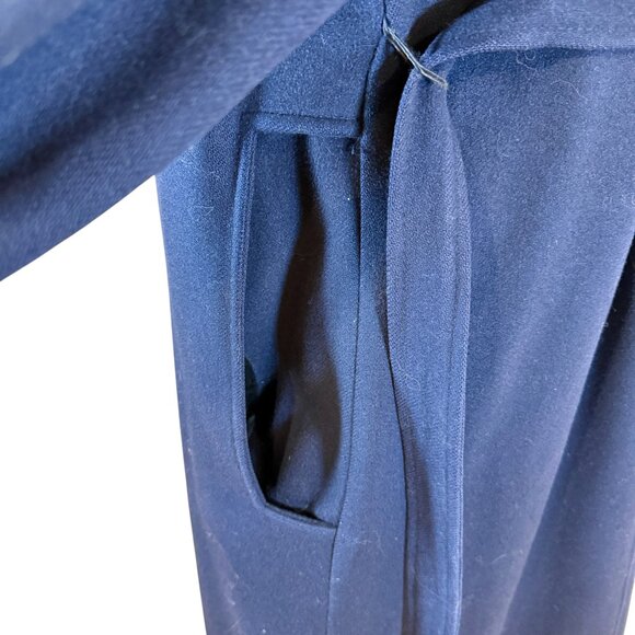 Vintage Navy Coat with Faux Fur Collar – Pure Virgin Wool Belted Long Overcoat - Picture 7 of 11